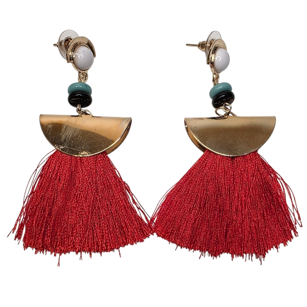 Long Beaded Red Orange Tassel Earrings Classic Oversized Boho Fashion Jewelry - Picture 4 of 6